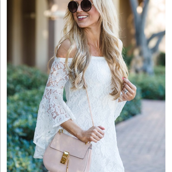WAYF White Off Shoulder Lace Dress- Bell Sleeves - Picture 5 of 9